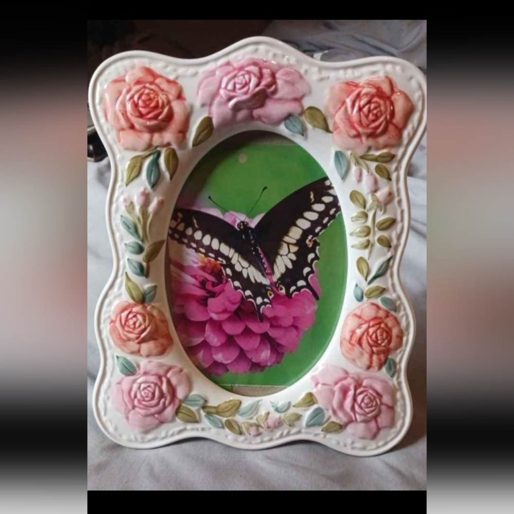 Vintage Handpainted Porcelain Floral 5x8 Picture Frame